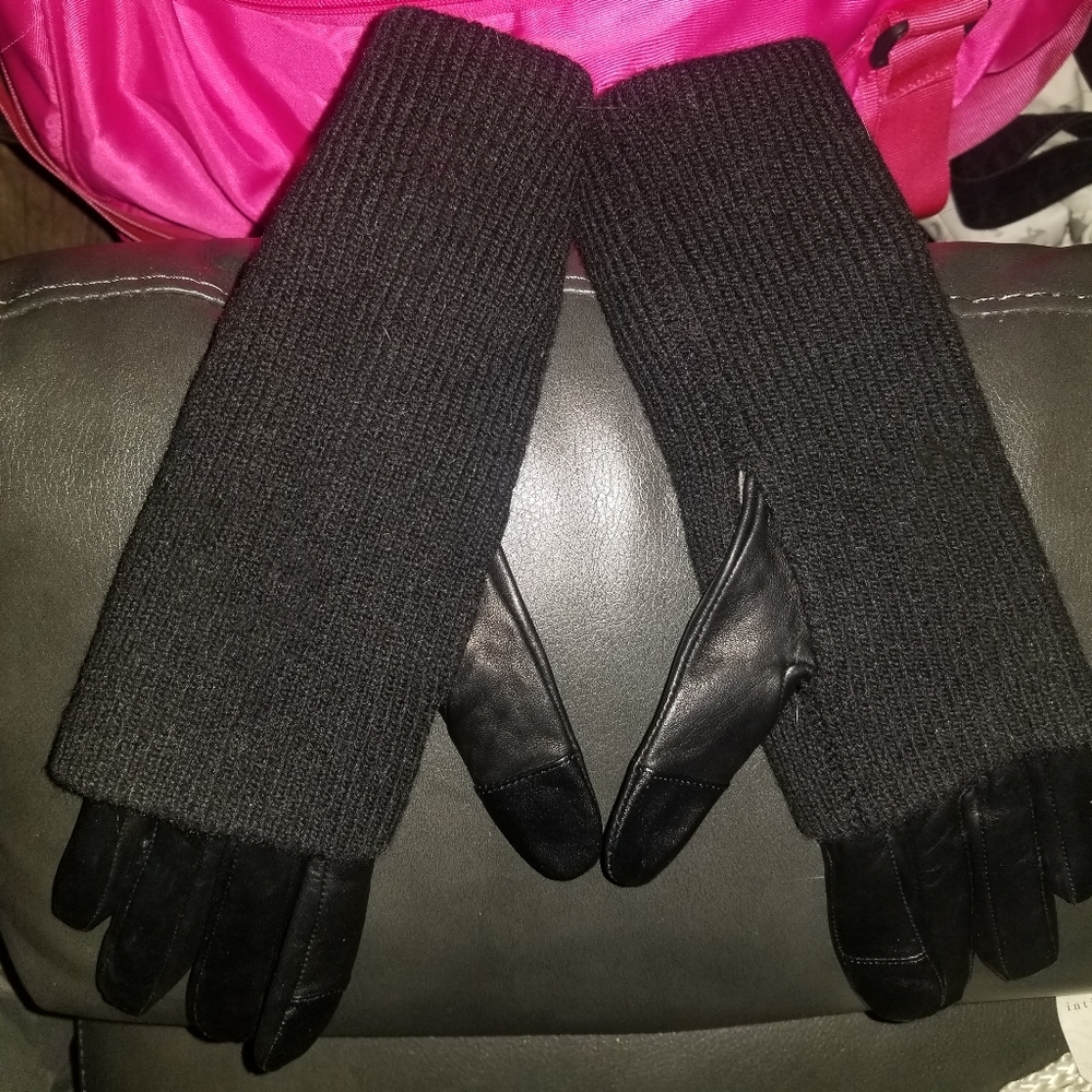 All Saints knit cuff black leather gloves